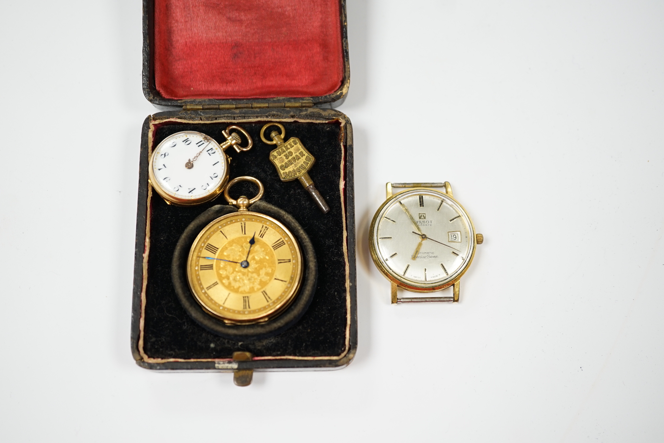 A 14k open faced fob watch, gross weight 29.3 grams, an 18k and gem set fob watch, gross weight 12.3 grams and a gentleman's steel and gold plated Tissot wrist watch (no strap).